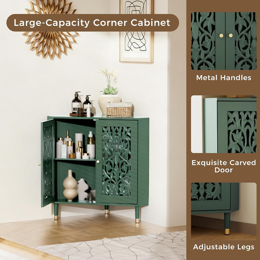 3More Retro Hollow Carved 2-Door Accent Corner Storage Cabinet Green