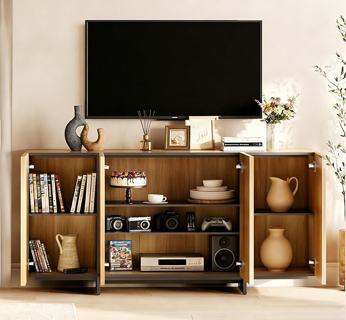WAMPAT Modern TV Stand for TVs Up to 110", Wooden Entertainment Center TV Console with 8 Door Closed Storage and T-Shaped Wood Legs, Media Console Cabinet for Living Room, Bedroom, Oak