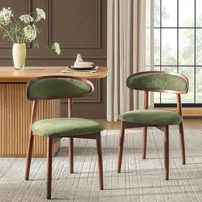 HULALA HOME Dining Chairs Set of 2 Mid-Century Modern Fabric Upholstered Dining Room Chairs Kitchen Side Chair with Open Curved Back, Walnut Rubber Wood Legs, Dinner Chairs for Living Room, Olive
