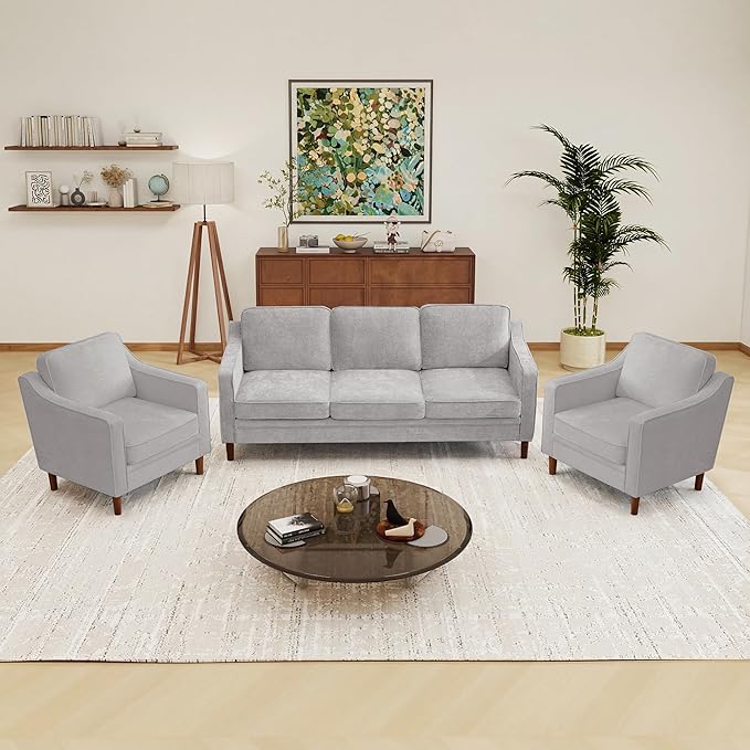 Kingfun Living Room Furniture Sets, 3 Seater Couch and 2 Armchair, Mid Century Modern Sofa Set, Chenille Couch with Solid Wood Frame for Living Room & Bedroom, Silver Gray