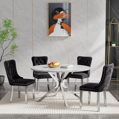 47.2" Round Dining Table Set for 4, White Faux Marble Kitchen Table & 4 Black Velvet Chairs with Silver Stainless Steel Legs, Luxury 5 Piece Round Dining Room Table Set for Kitchen Dining
