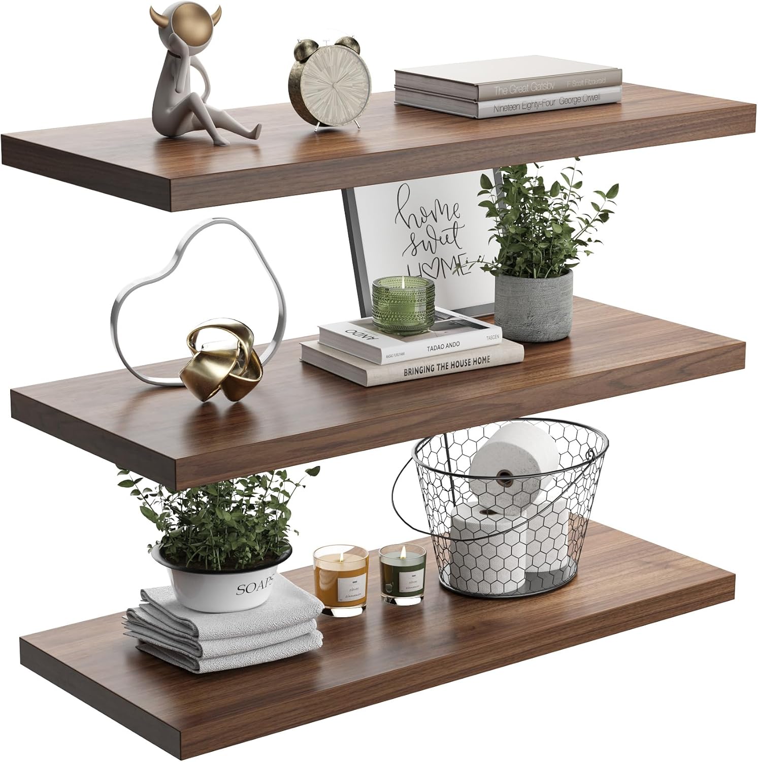 Wall Shelf Set of 3, Walnut Floating Shelves 24 in W x 10 in D x 1 in H, Wooden Floating Wall Shelf with Invisible Brackets for Living Room/Bedroom/Bathroom/Kitchen Storage and Decor
