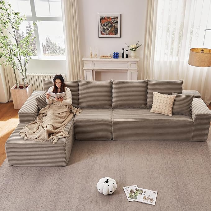 135" Cloud Sectional Couch with L-Shape Chaise, Modern Modular Comfy Sofa with Deep Seat, Upholstered Corduroy Couches Sleeper Chaise Longue for Living Room Bedroom, No Assembly Required, Camel