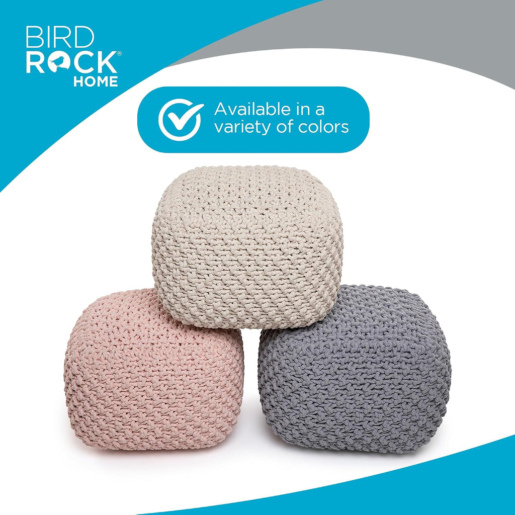 BIRDROCK HOME Square Pouf Ottoman - Cotton Braided Foot Stool with Bean Bag Filling - Compact and Comfortable Seating, Lightweight and Sturdy Boho Foot Rest for Living Room or Bedroom (Natural)