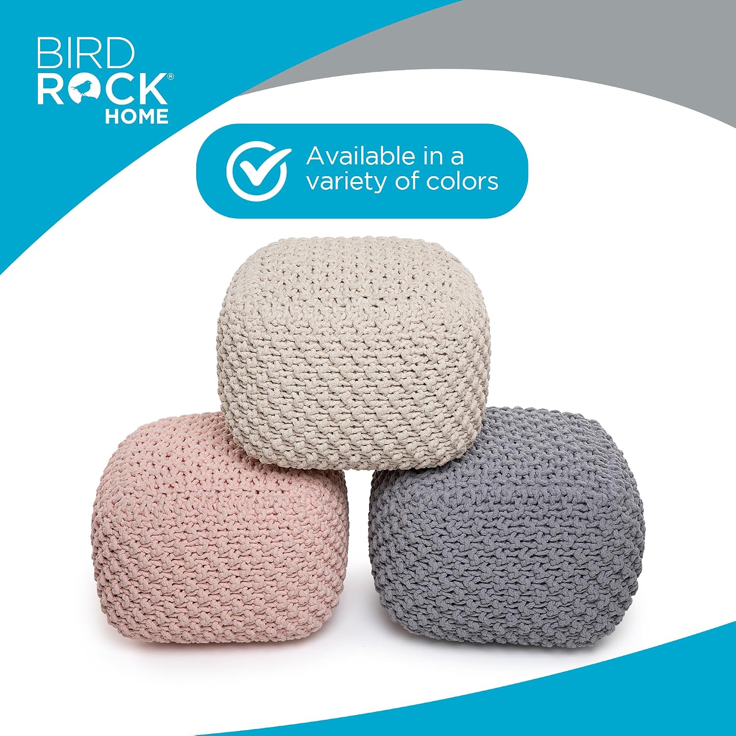 BIRDROCK HOME Square Pouf Ottoman - Cotton Braided Foot Stool with Bean Bag Filling - Compact and Comfortable Seating, Lightweight and Sturdy Boho Foot Rest for Living Room or Bedroom (Natural)