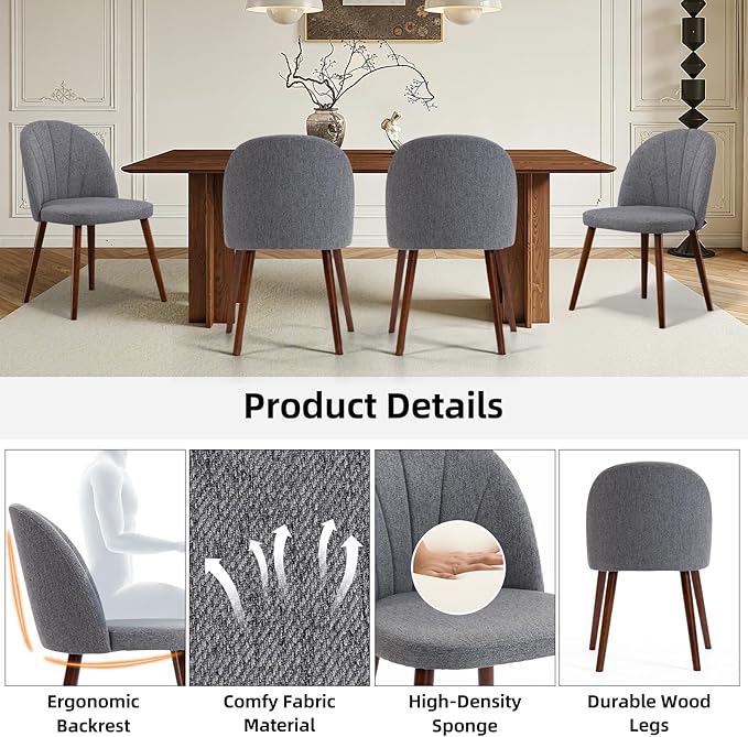 Fabric Dining Chairs Set of 2, Upholstered Mid Century Modern Dining Chairs, Armless Accent Chair with Walnut Wood Legs for Kitchen, Living Room, Dining Room, Grey