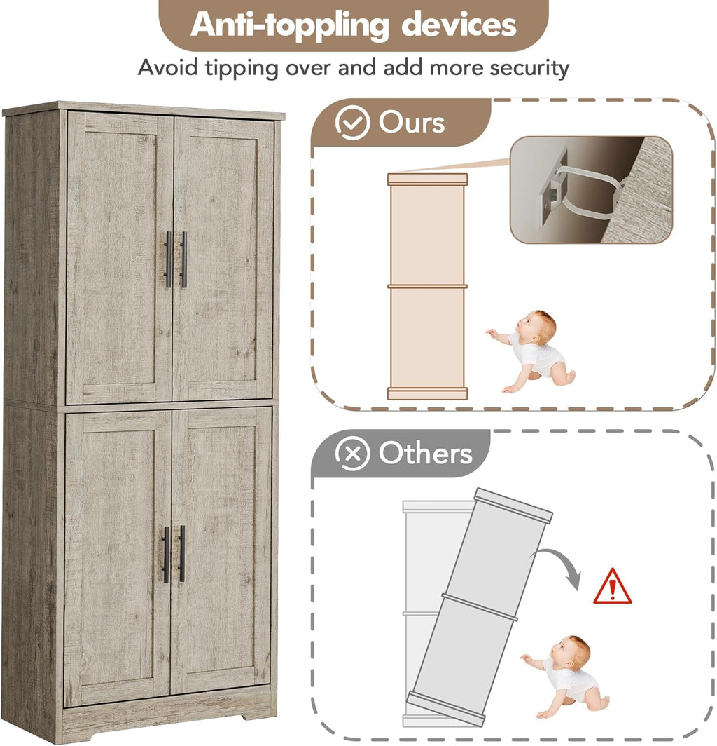 70" Tall Pantry Cabinet, Kitchen Pantry Storage Cabinets with 2 Door and 3 Adjustable Shelves, for Kitchen, Dining Room, Living Room and Bathroom