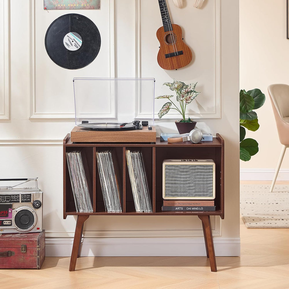 Lerliuo Record Player Stand with 4 Cabinet Holds Up to 220 Albums,Walnut | La...