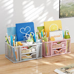 Marbrasse Mesh Desk Organizer, Pen Organizer with 2 Drawer, Multi-Functional Pencil Holder, Desk Organizers and Accessories with 5 Compartments + Drawer for Office Art Supplies (Pink)