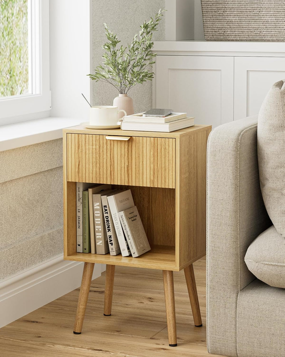 Oak Fluted Nightstand, Modern Bedside Table with Storage Drawer, Wood Night S...