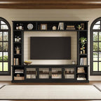 Merax 95" Entertainment Center for TVs up to 80", All-in-One TV Stand with Bookshelves & Storage Cabinets & Tempered Glass Doors & Adjustable Shelves, Modern Living Room Wall Unit Media Console, Black