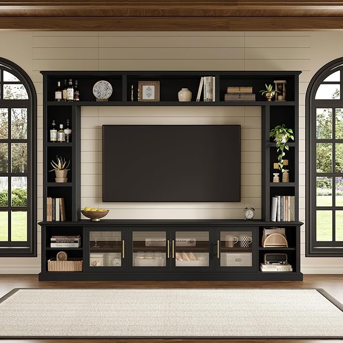 Merax 95" Entertainment Center for TVs up to 80", All-in-One TV Stand with Bookshelves & Storage Cabinets & Tempered Glass Doors & Adjustable Shelves, Modern Living Room Wall Unit Media Console, Black