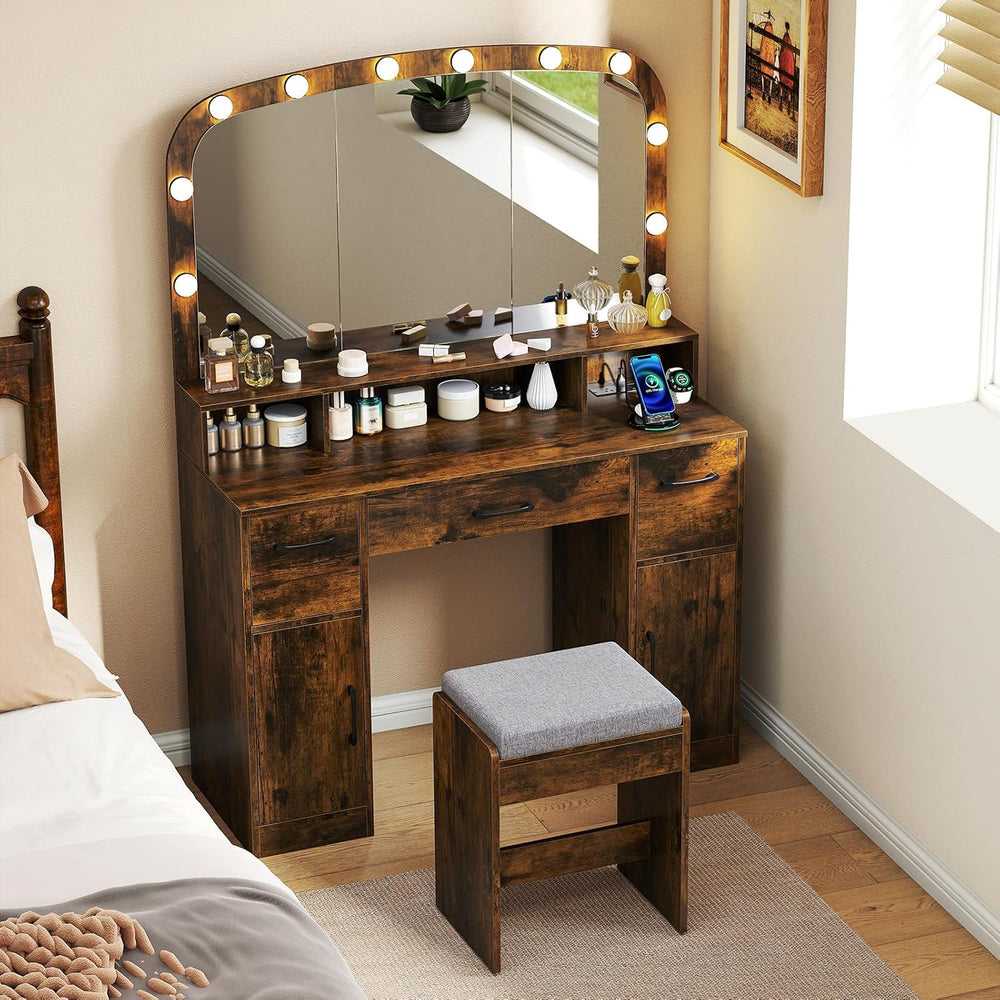 CHARMAID Large Vanity Desk with Arched Mirror and Lights, Vintage Makeup Vani...