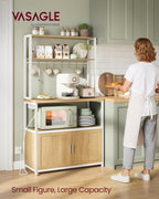 VASAGLE Kitchen Bakers Rack with Power Outlet, Coffee Bar with 35.4-Inch High Worktop, Microwave Stand with 8 Hooks, 15.7 x 31.5 x 66.9 Inches, Golden Oak and Cloud White UKKS059Y01