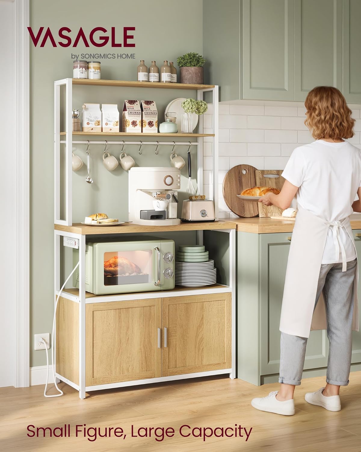 VASAGLE Kitchen Bakers Rack with Power Outlet, Coffee Bar with 35.4-Inch High Worktop, Microwave Stand with 8 Hooks, 15.7 x 31.5 x 66.9 Inches, Golden Oak and Cloud White UKKS059Y01