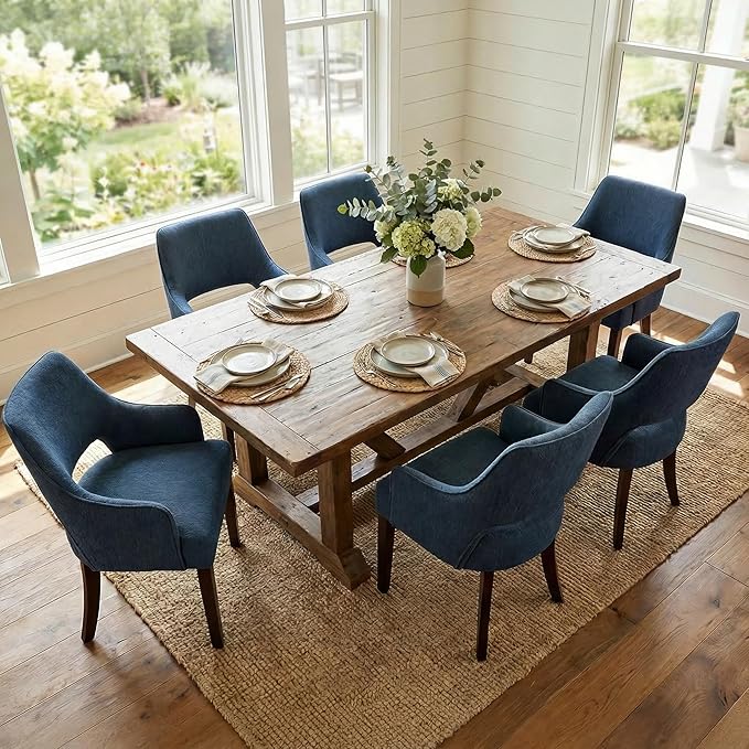 Upholstered Dining Chairs with Arms Set of 6, Linen Fabric Soft Padded Dining Room Chairs, Solid Wood Frame Accent Armchairs for Kitchen, Dining Room & Living Room, Blue