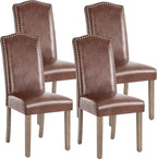 Upholstered Dining Chair Modern Stylish Parsons Kitchen Diner High Back with Silver Nailhead Trim & Wood Legs, Set of 4, PU Leather Light Brown