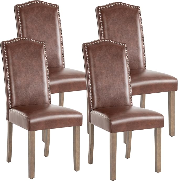 Upholstered Dining Chair Modern Stylish Parsons Kitchen Diner High Back with Silver Nailhead Trim & Wood Legs, Set of 4, PU Leather Light Brown