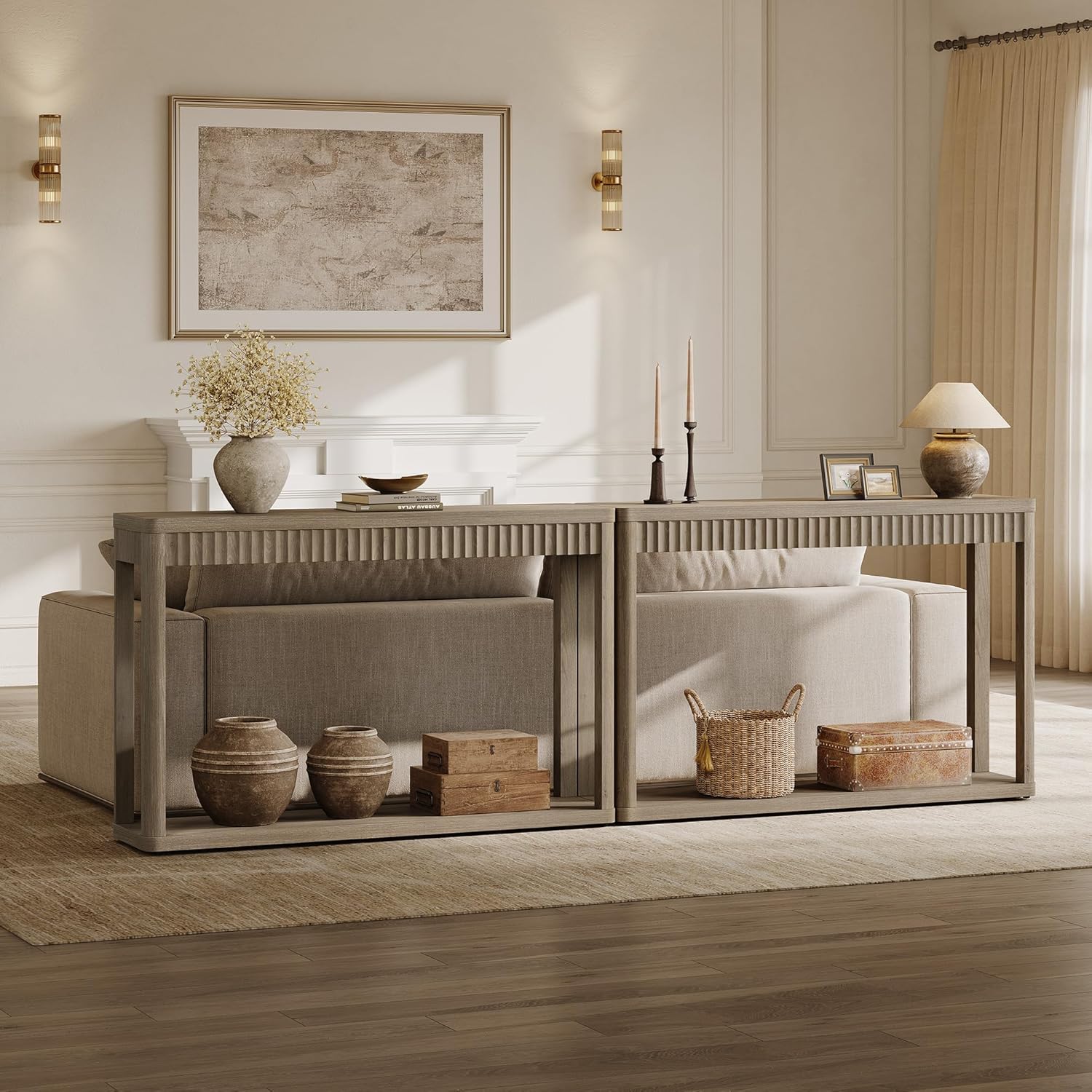SICOTAS Entryway Table with Storage Shelf, Modern Console Table, Fluted Narrow Entry Table 94.64" Entry Way Table, Wooden Couch Table Behind Sofa for Living Room Hallway Entrance Foyer, Grey Alder