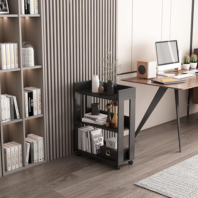 ALISENED Small Bookshelf and Bookcase, 3 Tier Wood Nightstand with Wheels, Mo...