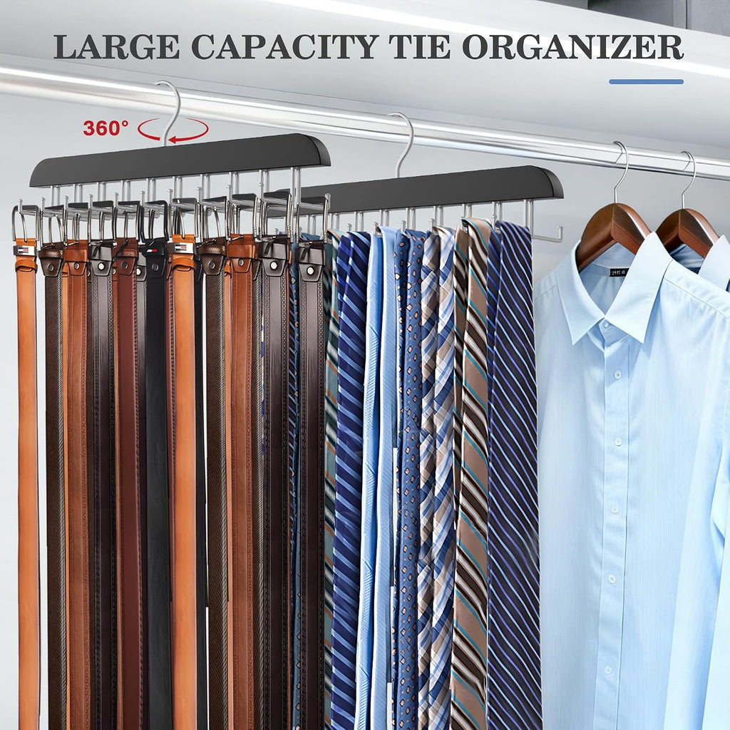Tie Rack Hanger for Closet 20 Foldable Hooks, 1 Pack Wooden Non Slip Large Capacity Space Saving Tie and Belt Organizer with 360° Rotating Hooks for Tank Tops Bras Scarves Hat