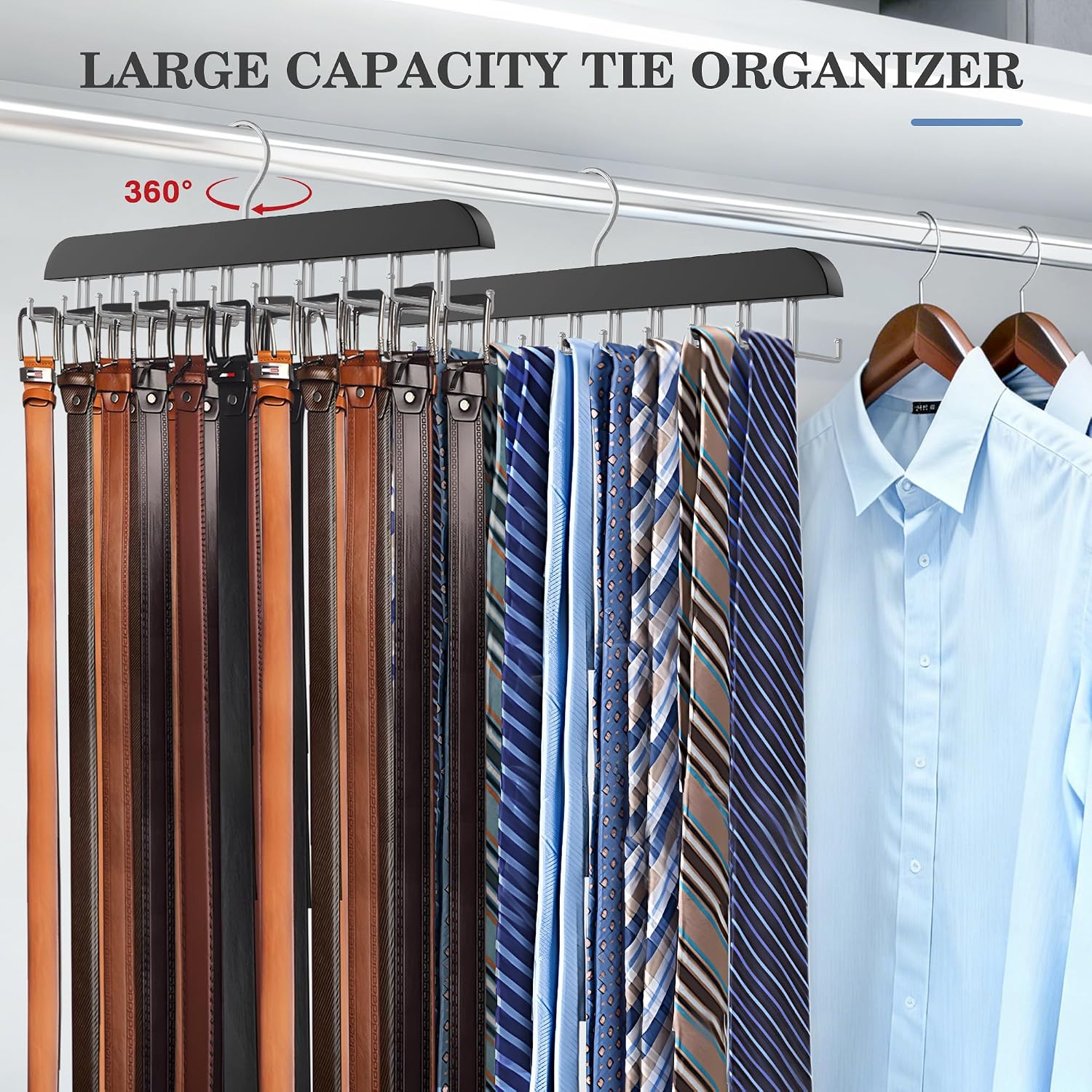 Tie Rack Hanger for Closet 20 Foldable Hooks, 1 Pack Wooden Non Slip Large Capacity Space Saving Tie and Belt Organizer with 360° Rotating Hooks for Tank Tops Bras Scarves Hat