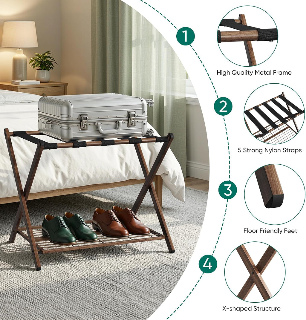 Smuxee Fully Assembled Walnut Grain Luggage Rack set of 2, Foldable Iron Suitcase Stand with 5 Nylon Straps, Luggage Holder with Shelf for Guest Room Bedroom Hotel