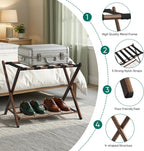 Smuxee Fully Assembled Walnut Grain Luggage Rack set of 2, Foldable Iron Suitcase Stand with 5 Nylon Straps, Luggage Holder with Shelf for Guest Room Bedroom Hotel