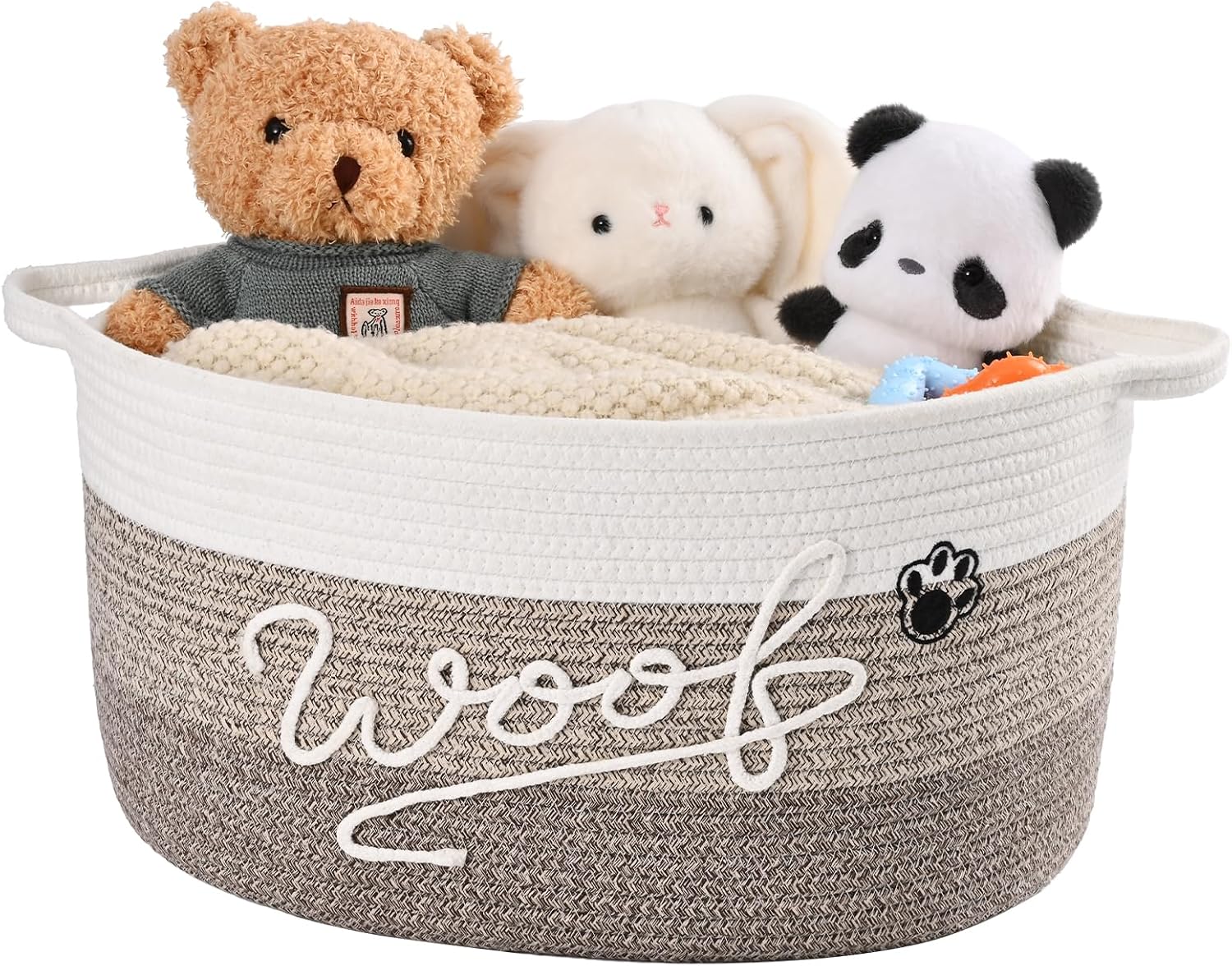 30L Woof Dog Toy Basket with Handles, Large Dog Toy Storage Bin with Paw Print, Woven Dog Basket for Blankets, Toys, Chews, Pet Toy Box for Nursery, Living Room, Bedroom, 17”x12”x9, Brown