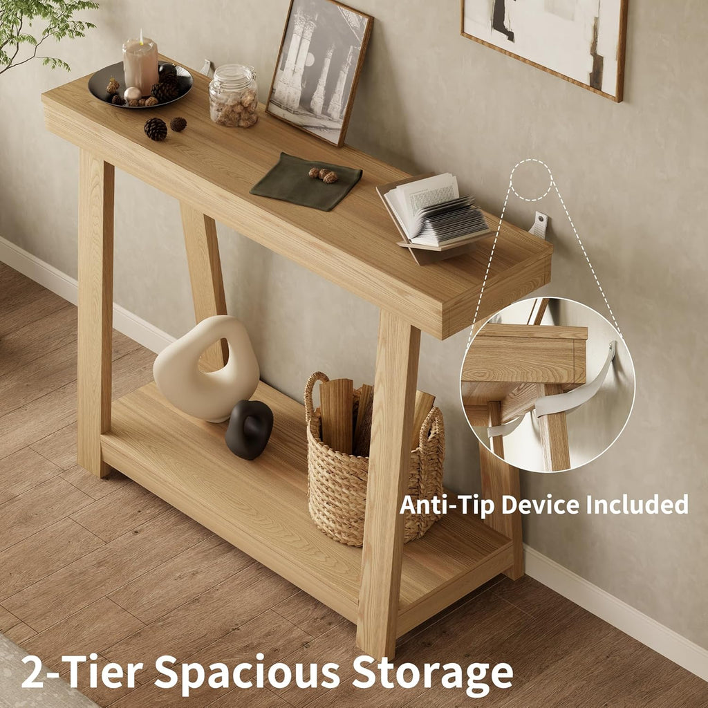 43.5" Narrow Console Table, 500LB 2-Tier Wood Grain Entryway Table, 15-Min Easy Assembly for Hallway, Foyer, Small Apartment & Bedroom, Oak