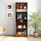 70.87" Freestanding Kitchen Sideboard, Sideboard Storage Cabinet with 2 Sliding Striped Glass Doors for Bottles, Wine, Coffee Maker, Microwave and More, Walnut