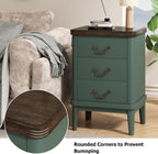 Wnutrees Farmhouse Nightstand with 3 Drawers, Modern Bedside Table, Green | Wood End Side Unit with Round Curved Corner and Metal Handles, Set of 2 Nightstands for Living Room, Hallway