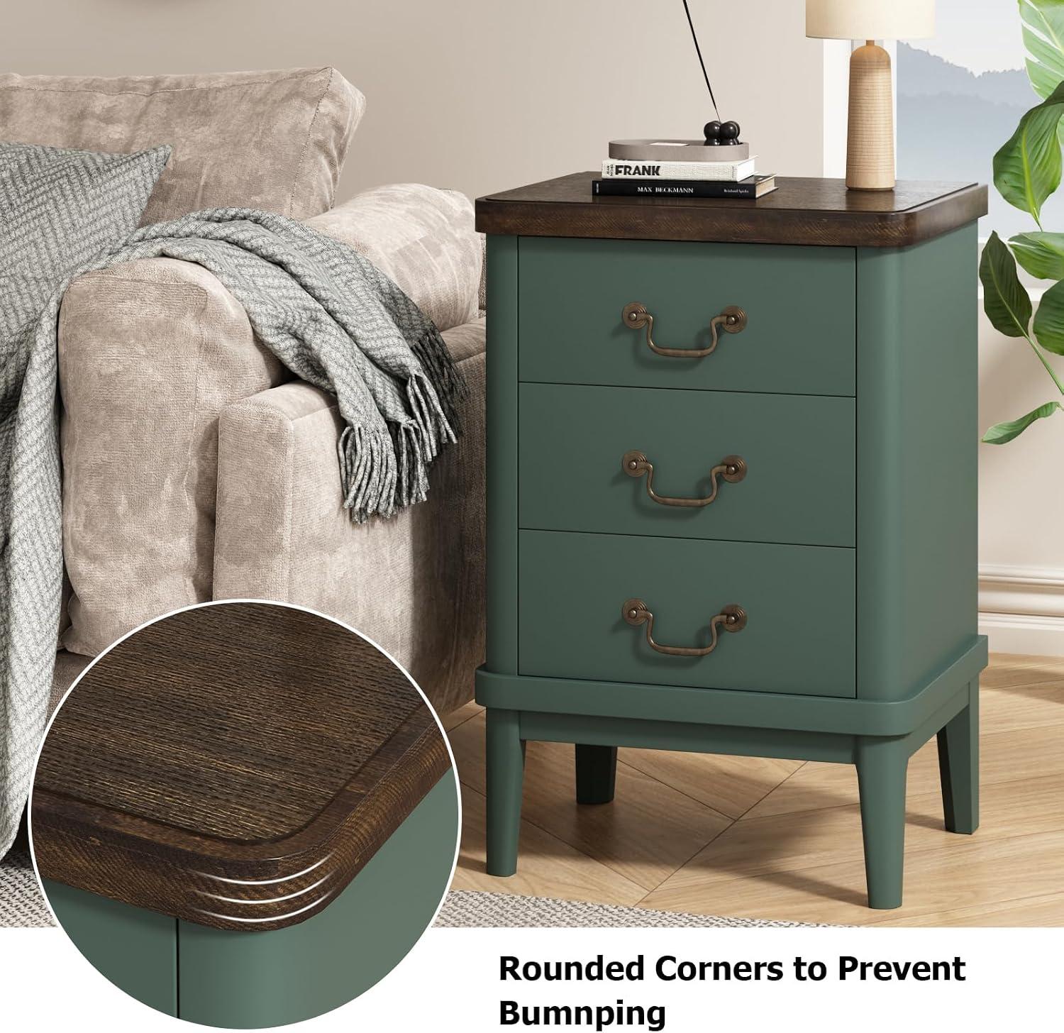 Wnutrees Farmhouse Nightstand with 3 Drawers, Modern Bedside Table, Green | Wood End Side Unit with Round Curved Corner and Metal Handles, Set of 2 Nightstands for Living Room, Hallway