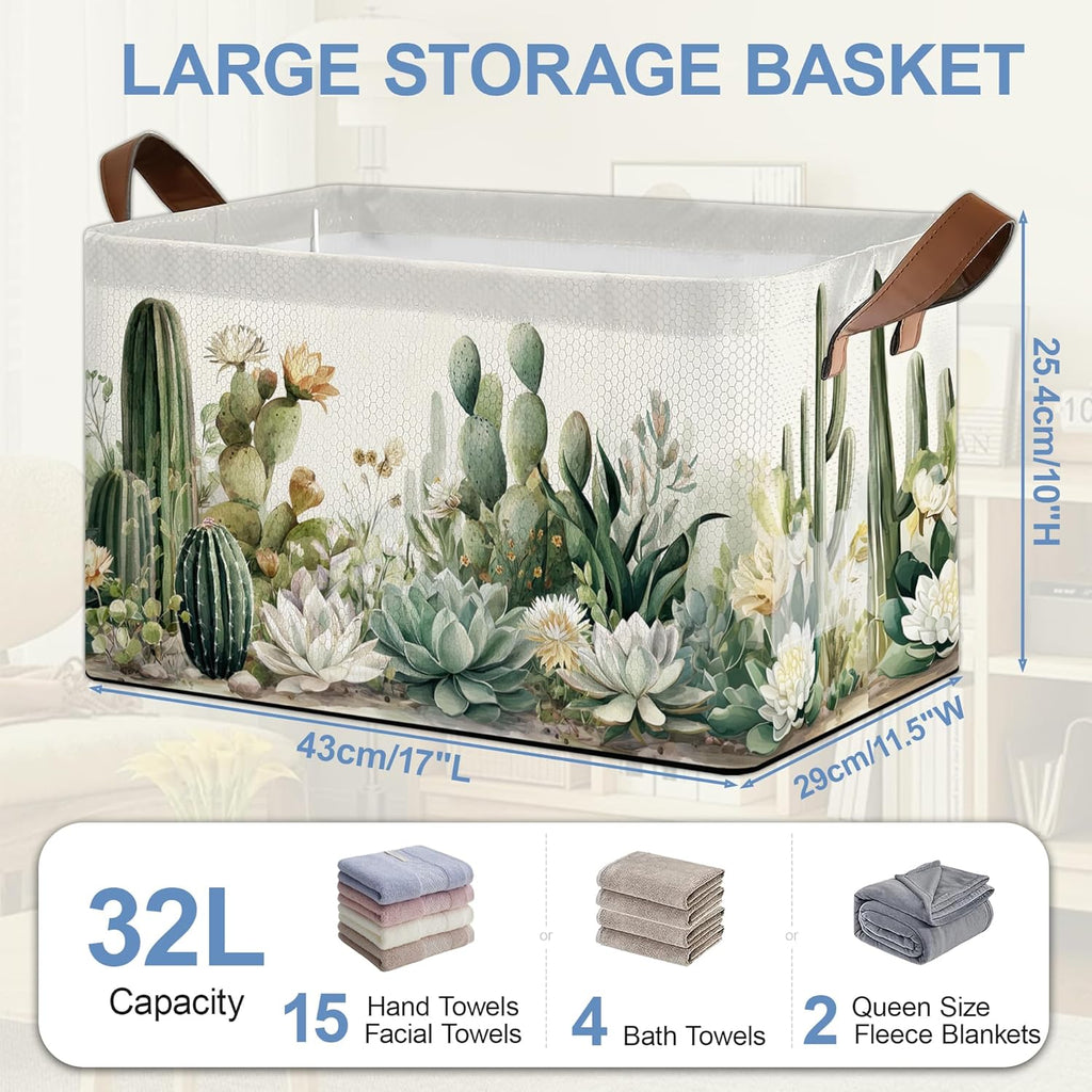 Cactus Succulent Collapsible Storage Box,Tropical Plants Organizer Bin with Handles for Room Decoration,Bins Book Basket Box 17x11.5x10Inch
