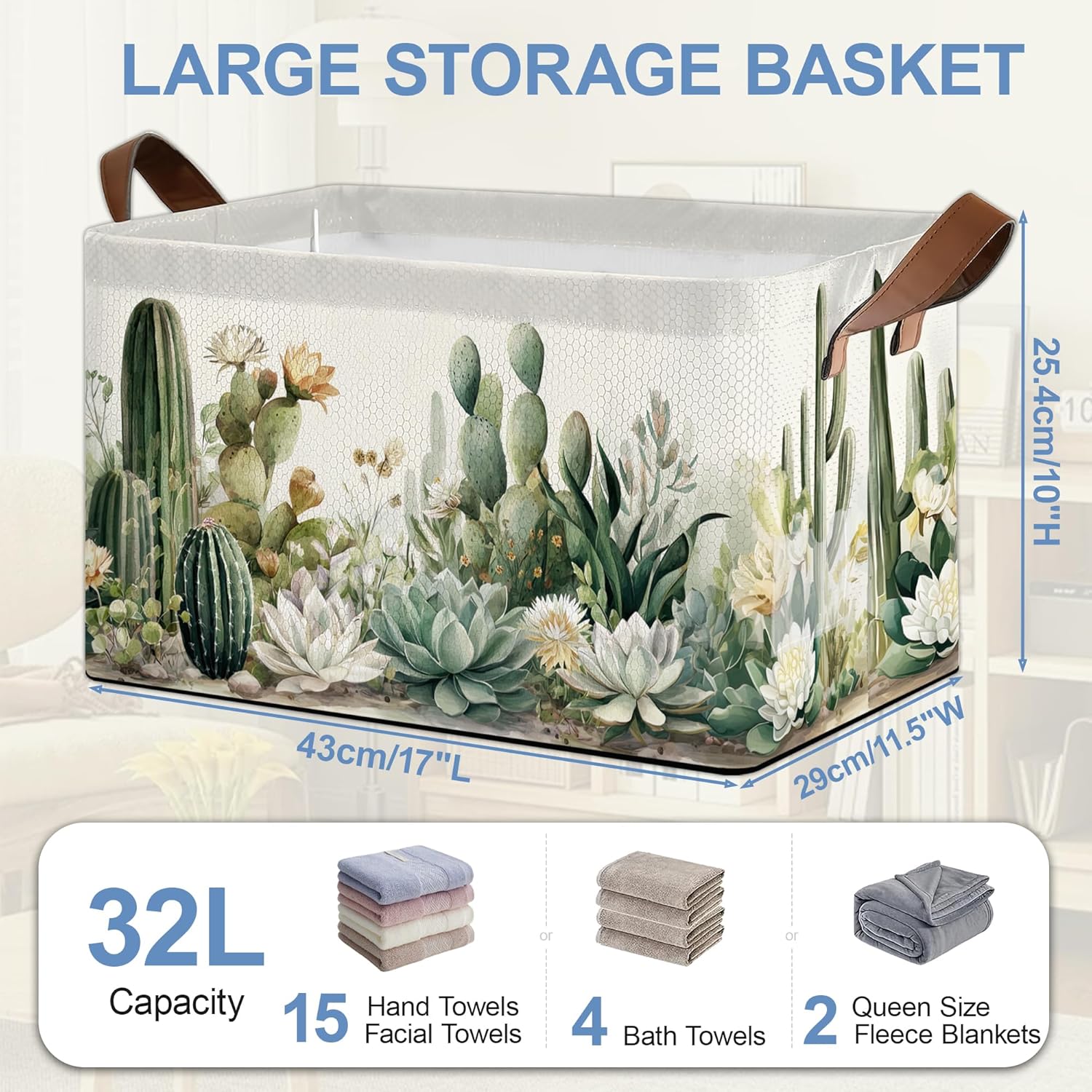 Cactus Succulent Collapsible Storage Box,Tropical Plants Organizer Bin with Handles for Room Decoration,Bins Book Basket Box 17x11.5x10Inch