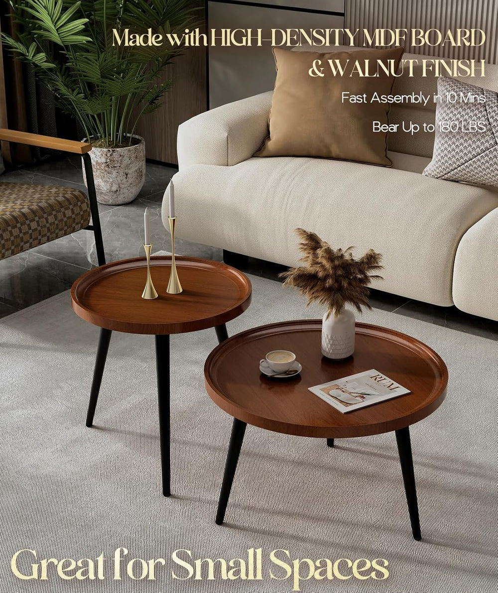 2-Piece Walnut Coffee Table,Durable Mid Century Small Round Coffee Tables for...