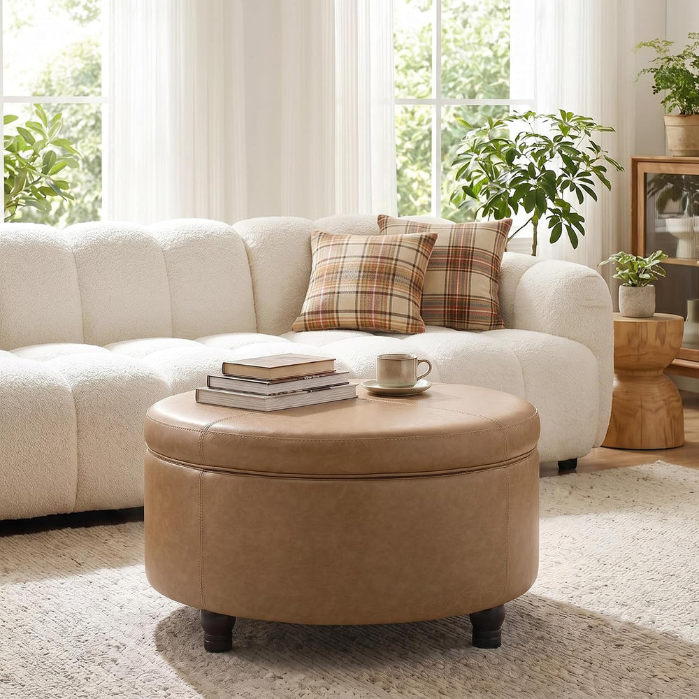 30-Inch Round Ottoman, Leather Ottoman with Storage (Light Brown | Modern Sto...
