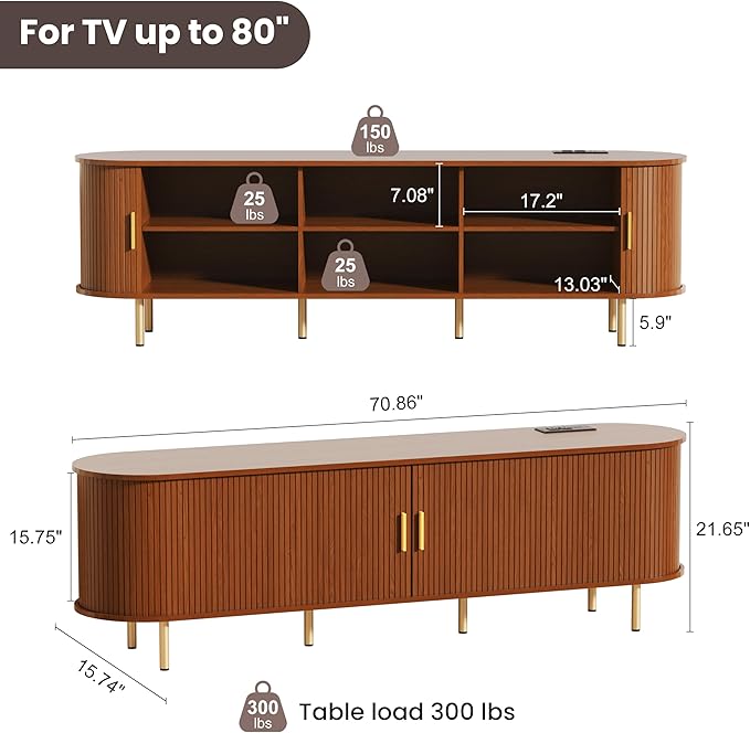 DHH 70.8 Inch Mid Century Modern TV Stand with Power Outlet for TVs up to 80 Inch, Entertainment Center with Storage and Adjustable Shelves, Media Console with Sliding Doors for Living Room(Walnut)