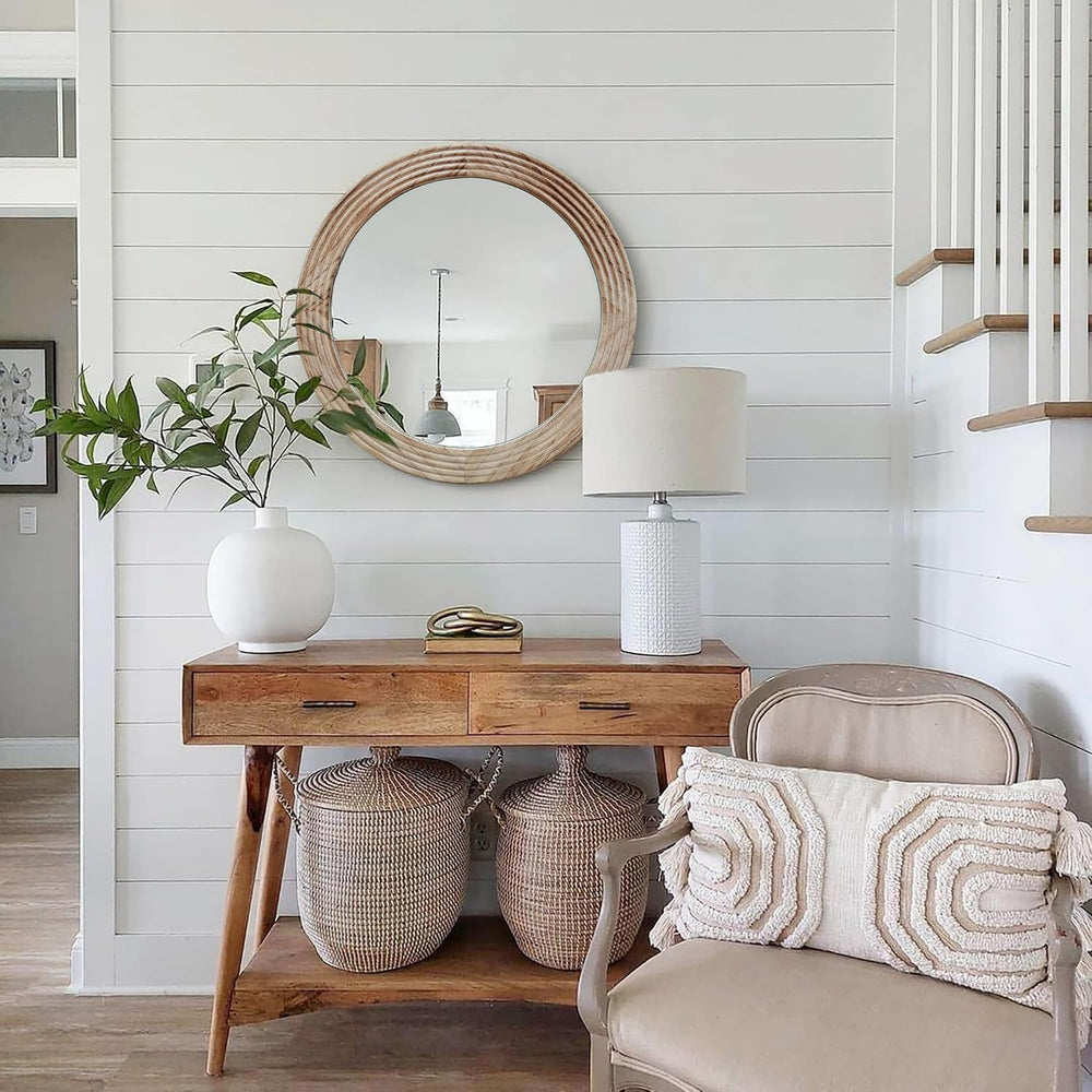 LOSOUR Round Mirror, Farmhouse Decor Solid Wood Frame Wall Circle Mirror, Dec...