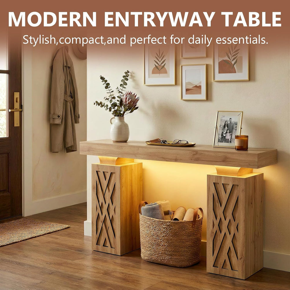 63-Inch Modern Console Table with LED & Outlet, Farmhouse Entryway Table ...