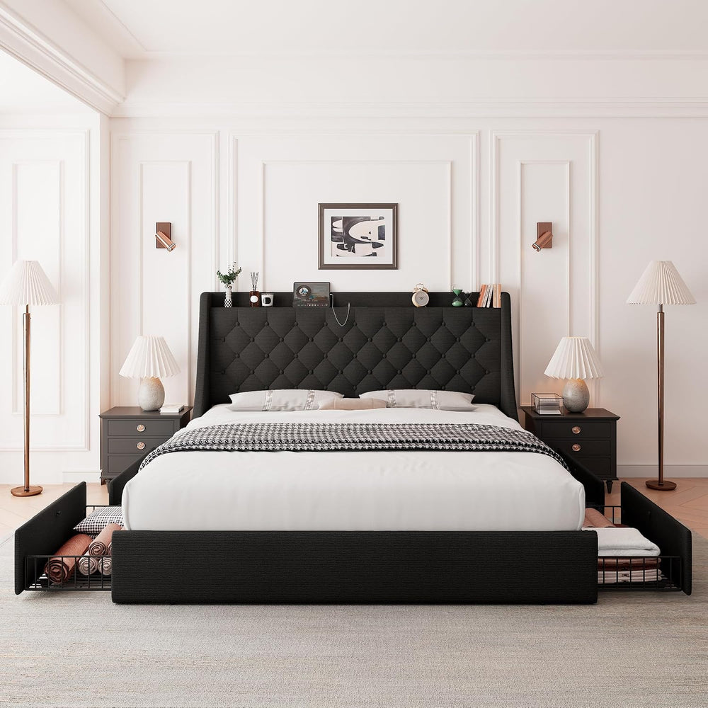 Feonase Upholstered Queen Size Bed Frame with 4 Storage Drawers, Storage Bed ...