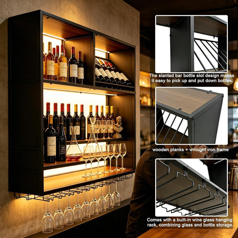 55in Large Wall Mounted Wine Rack with LED Light, 4 Tier Iron Liquor Bottle D...