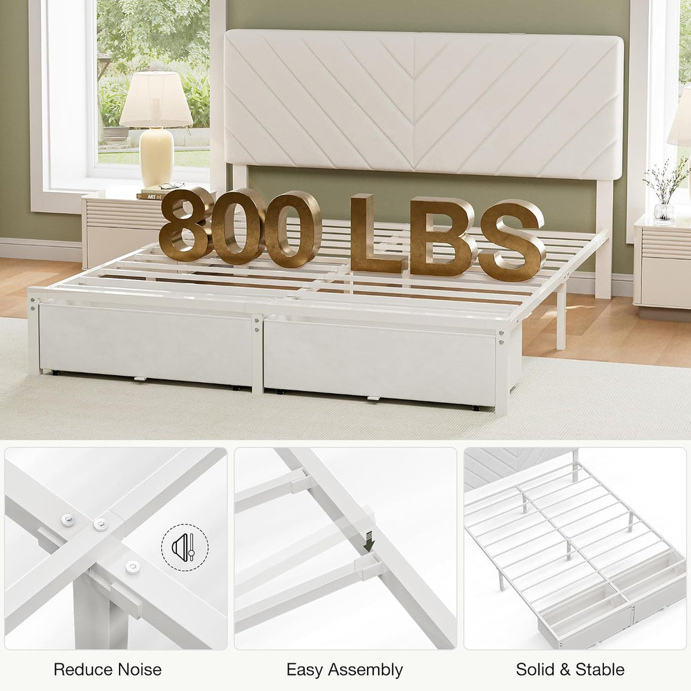 Queen Bed Frame with 2 Storage Drawers, White Velvet Upholstered