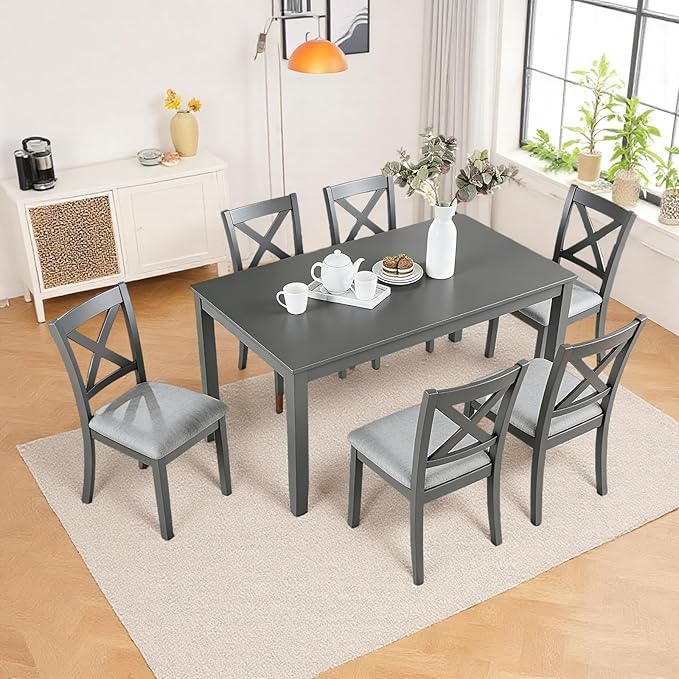 7-Piece Dining Table Set for 6, Wooden Kitchen Set with Rectangular Grey Table, 6 Upholstered X-Back Chairs, Modern Living Room Dinner Set with Ergonomic Comfort Seating for Home, Grey
