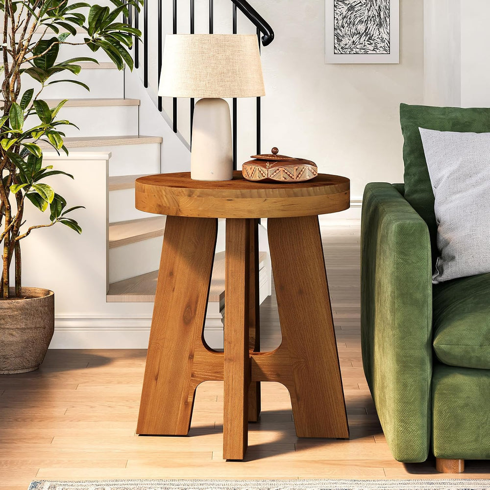 Round Side Table, Farmhouse Solid Wood End Table for Couch, Mid Century Moder...