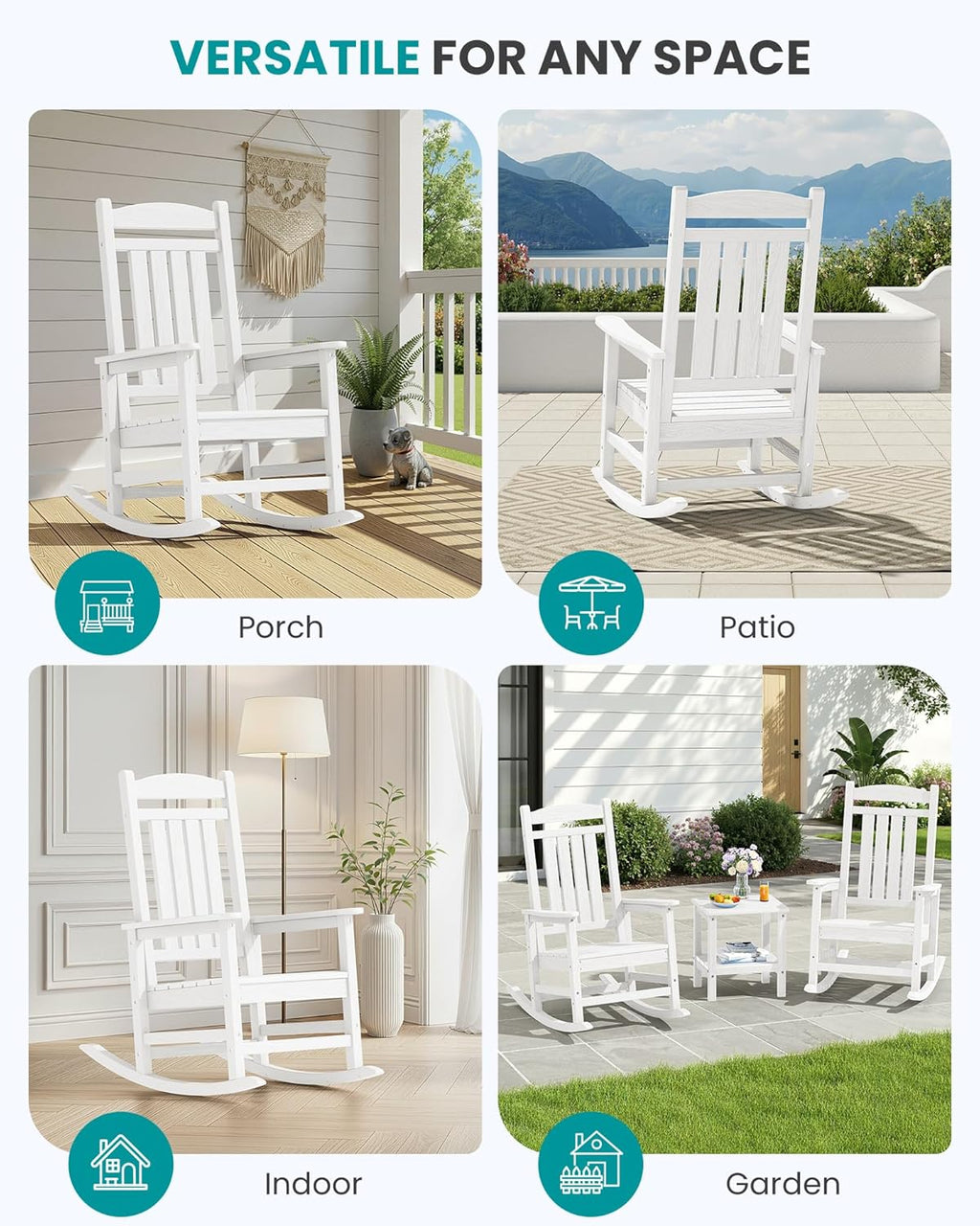SERWALL Oversized Outdoor Rocking Chairs Set of 2, Oversized HDPE Porch Rockers for Adults, All-Weather Composite Patio Rocking Chairs, White