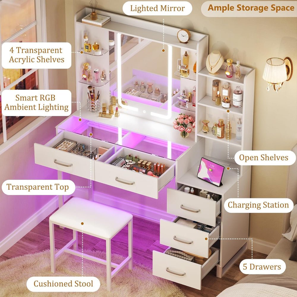 HUAHUU Vanity Desk with Mirror and Lights 3 Colors, 43.3" Makeup Vanity ...