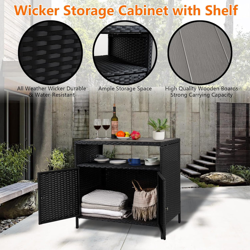 Garvee Patio Outdoor Wicker Storage Cabinet with Shelf, Powder Coated Steel, Patio Bar Table with 2-Door and Shelf, All Weather Resin Wicker, Patio Pool Garden Kitchen, Grey Table
