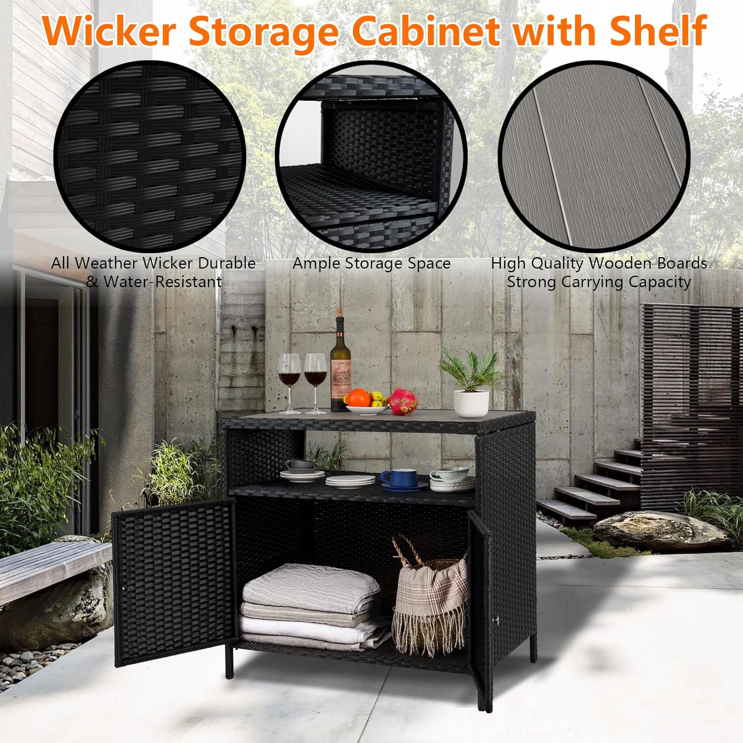 Garvee Patio Outdoor Wicker Storage Cabinet with Shelf, Powder Coated Steel, Patio Bar Table with 2-Door and Shelf, All Weather Resin Wicker, Patio Pool Garden Kitchen, Grey Table