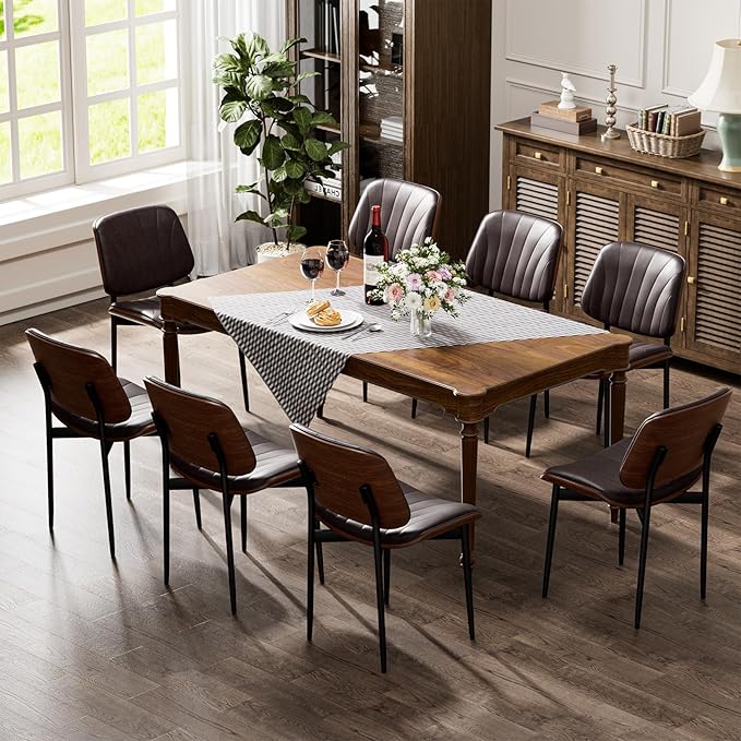Dining Chairs Set of 2, Dining Room and Kitchen Chairs, Mid Century Modern Accent Chair, Upholstered PU Leather Chairs for Vanity with Walnut Bentwood and Metal Legs, Brown
